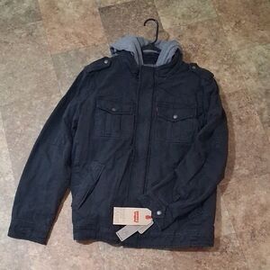 New. Men's Levi's Navy Sherpa Lined Hooded Jacket. Size Large.